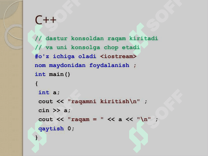 C++ Dasturlash tilining alifbosi, buyruqlar tizimi Chiziqli, tarmoqlanuvchi va takrorlanuvchi dasturlar 3