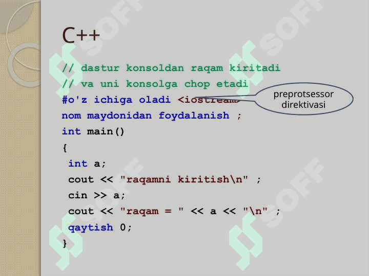 C++ Dasturlash tilining alifbosi, buyruqlar tizimi Chiziqli, tarmoqlanuvchi va takrorlanuvchi dasturlar 5