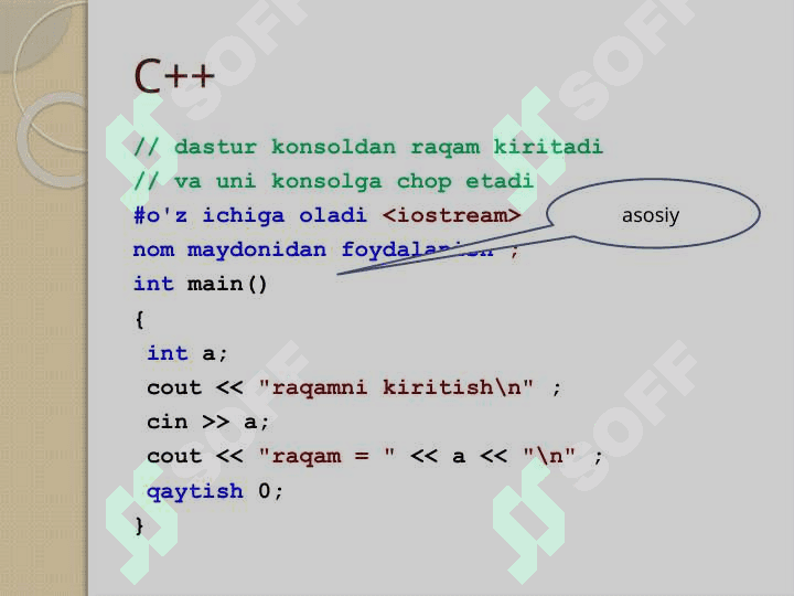 C++ Dasturlash tilining alifbosi, buyruqlar tizimi Chiziqli, tarmoqlanuvchi va takrorlanuvchi dasturlar 7