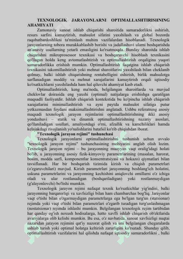 TEXNOLOGIK JARAYON REJIMINI STATIK VA DINAMIK OPTIMALLASHTIRISH 2