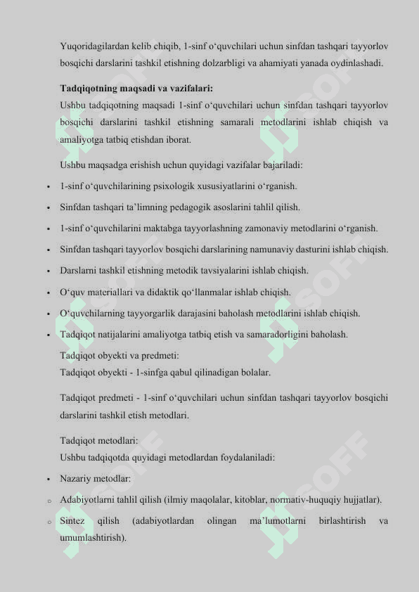 SINFDAN TASHQARI TAYYORLOV BOSQISH DARSLARINI TASHKIL ETISH 1- SINF 4