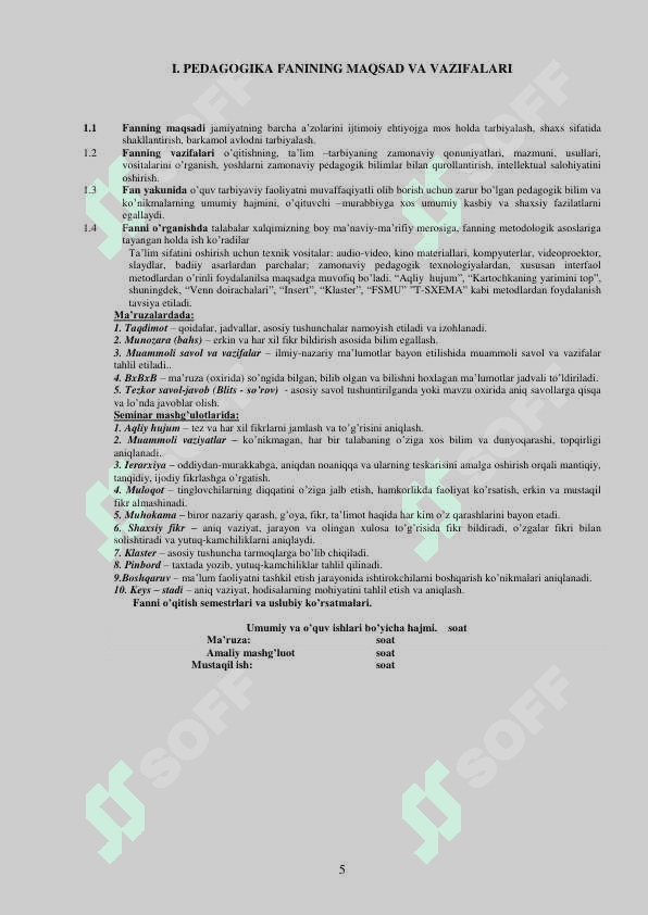 “PEDAGOGIKA” FANIDAN (o’quv - uslubiy majmua) 5