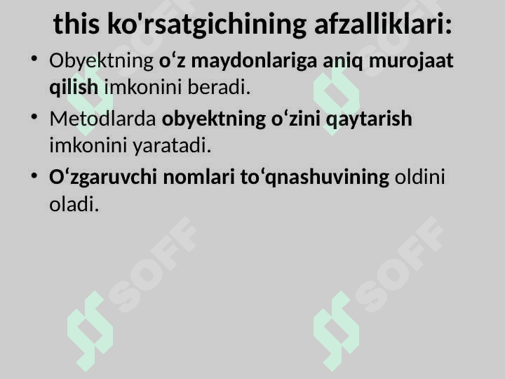 Sinf elementlariga ko'rsatgich. This ko'rsatgichi. 6