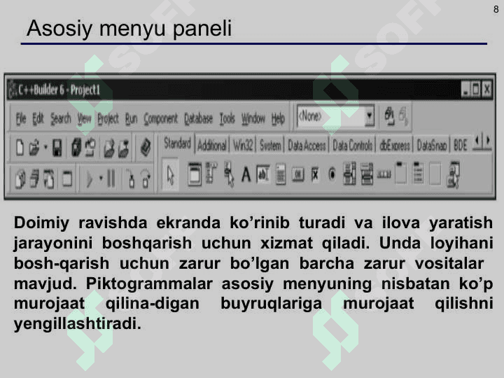 C/C++ тилида дастурлаш муҳитлари: Visual C++, Borland C++, CodeBlocks, Borland C++ Builder 6.  Дастур таркиби. Консолдан киритиш ва чиқариш. Символларни ўқиш ва ёзиш. Консолдан форматли  киритиш/чиқариш. Формат модификаторлари. printf(), scanf() функциялари. Формат спецификаторлари. 8