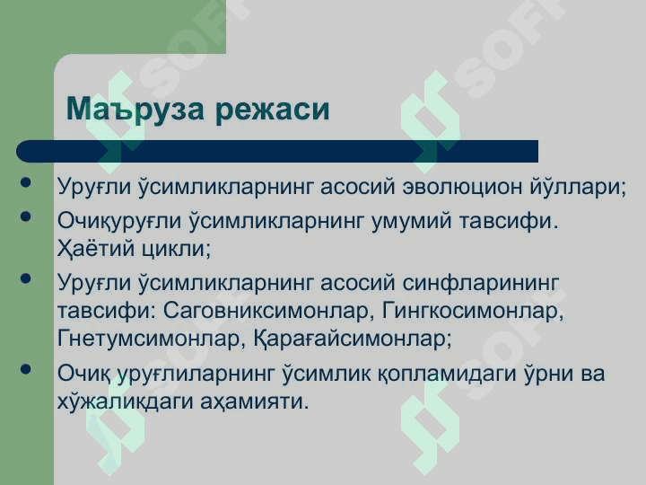 Қарағайтоифа (Pinophyta), ёки  Очиқ уруғли (Gymnospermae) ўсимликлар бўлими 2