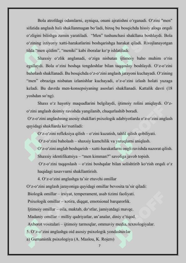 SHAXSNING O’Z-O’ZINI ANGLASHI VA MEN-KONSEPSIYASI 7