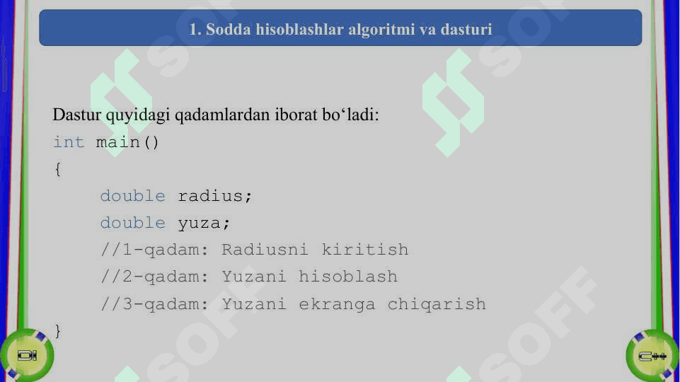 O‘zgaruvchilarga qiymat kiritish va chiqarish operatorlari. printf(), scanf() funksiyalari. Tarmoqlanuvchi operatorlar. Shartli o‘tish operatori (if), tanlash operatori (switch). Takrorlanuvchi operatorlar. Parametrli sikl operatori (for), old shart while va so‘ng shart do while operatorlari 6