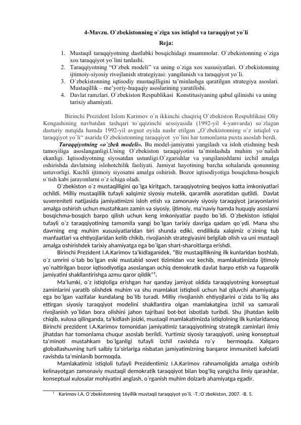 O`zbekistonning o`ziga xos istiqlol va taraqqiyot yo`li