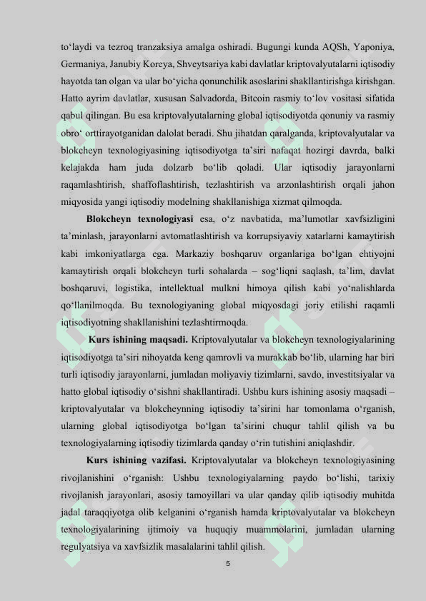 KRIPTOVALYUTALAR VA BLOKCHEYN TEXNOLOGIYALARINING IQTISODIYOTGA TA’SIRI 5