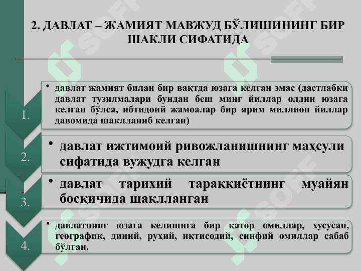 ДАВЛАТ – ЖАМИЯТ МАВЖУД БЎЛИШИНИНГ БИР ШАКЛИ 4
