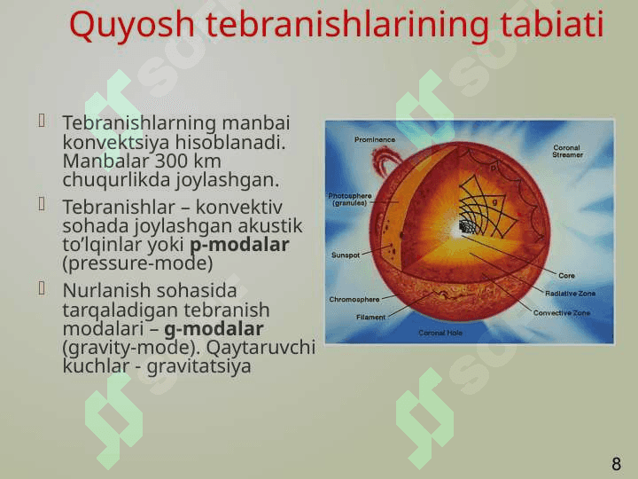 Quyosh tebranishlarini qayd etish orqali uning ichki tuzilishini o’rganish 8