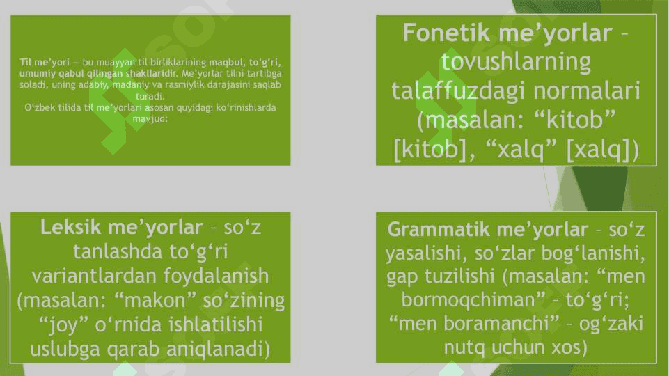 3.Hozirgi o'zbek tilida lison,nutq,me'yor munosabati 4