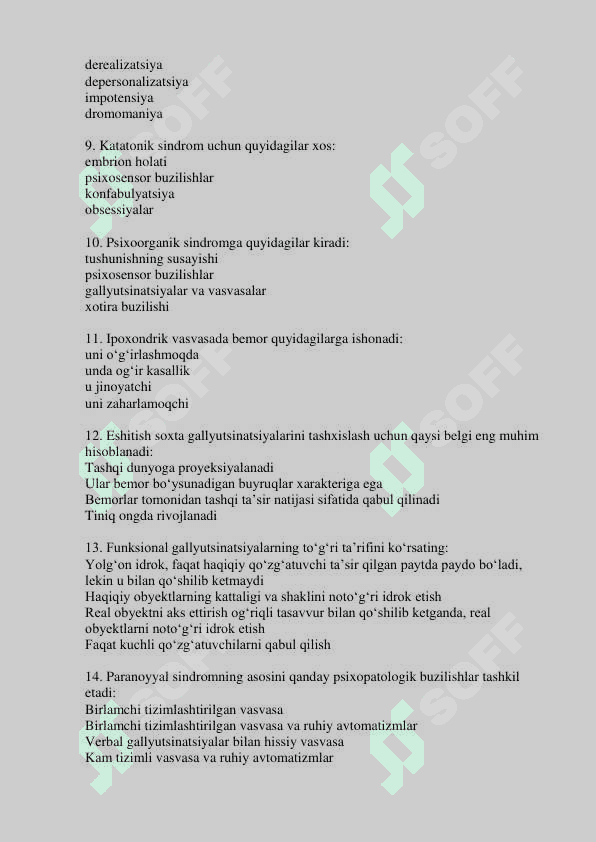 Argos 2025 test Psixiatriya mutaxassisligi boʻyicha shakllantirilgan test savollari roʻyxati 2