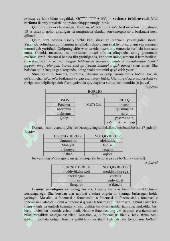 Til, lison va nutq munosabati. Lisoniy paradigma.  Lisoniy munosabat va uning turlari 7