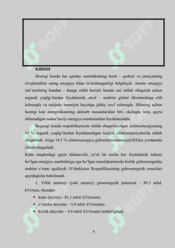 Qibray” GESini ekspluatatsiya qilish loyihasini ishlab chiqish. 4