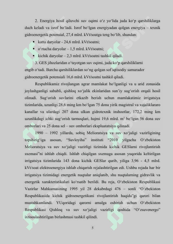Qibray” GESini ekspluatatsiya qilish loyihasini ishlab chiqish. 5