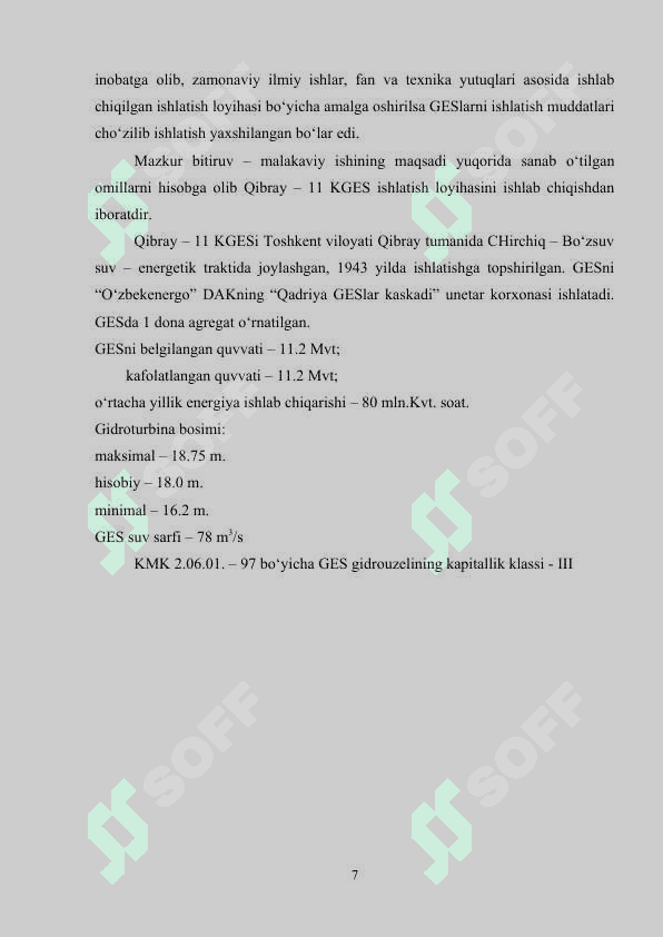 Qibray” GESini ekspluatatsiya qilish loyihasini ishlab chiqish. 7