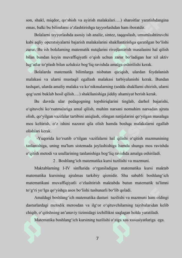 Boshlang‘ich sinflarda matematika kursining mazmuni va tuzilishi 7