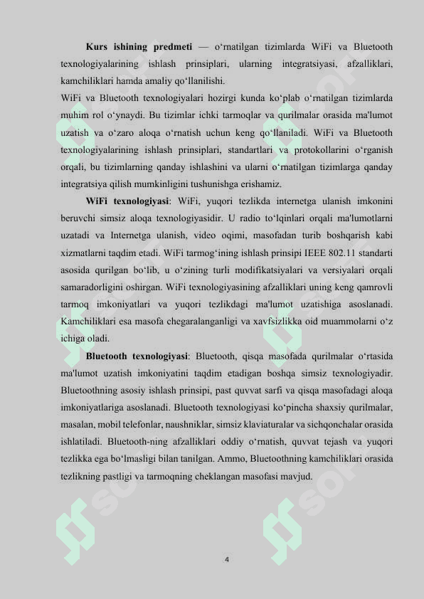 Ōrnatlgan tizmlarda wifi va Bluetoohh 4