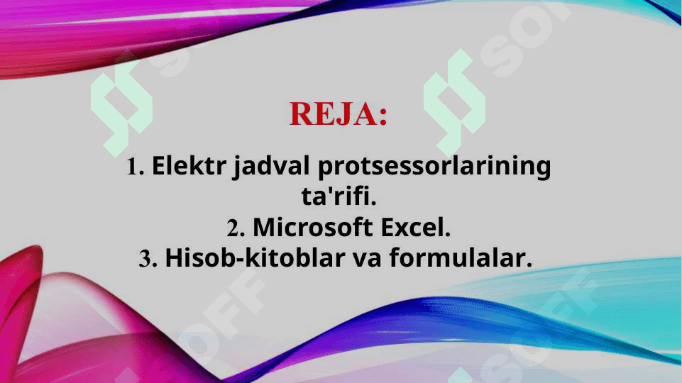 Elektron jadval protsessorlari, ularning vazifasi va imkoniyatlari (TAQDIMOT) 2