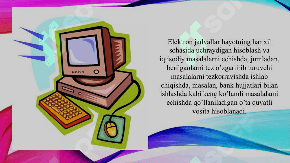 Elektron jadval protsessorlari, ularning vazifasi va imkoniyatlari (TAQDIMOT) 3