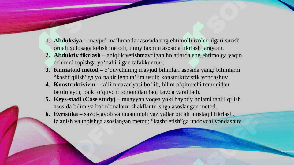 Hozirgi zamon metodlari: abduksiya kumatoid, keys stadi, evristika (TAQDIMOT) 4