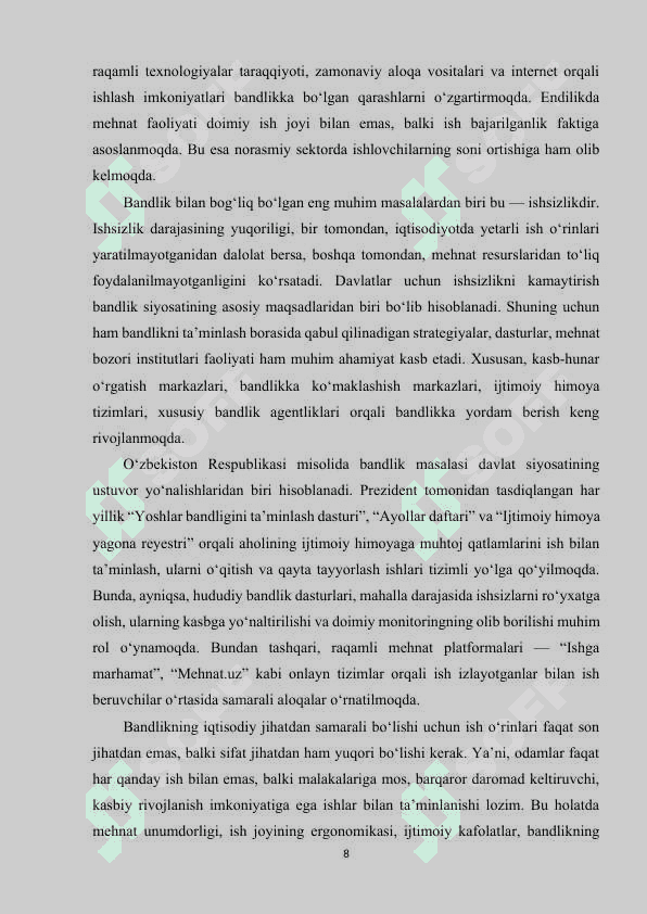 BANDLIK VA AHOLINI ISHGA JOYLASHTIRISH BALANSINI ISHLAB CHIQISH HAMDA ISHGA JOYLASHTIRISHGA MUHTOJ, MEHNAT BILAN BAND BO‘LMAGAN AHOLINI HISOBLASH AMALIYOTI. 7