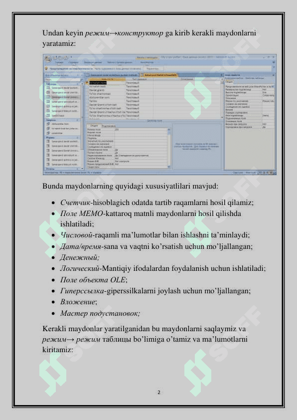 MS ACCESS da JADVALLAR YARATISH 2