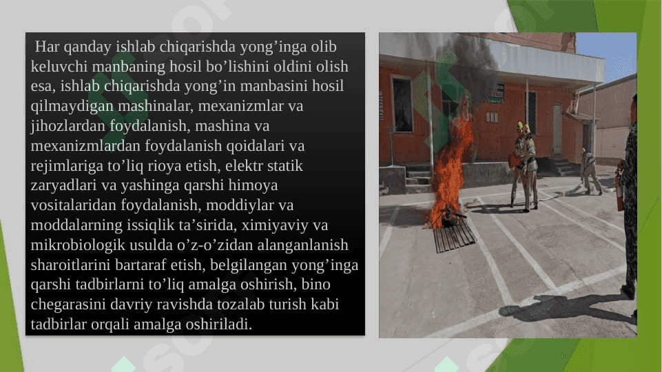Yong‘in xavfsizligi. Yong’in va portlash. Yong’inga qarshi kurash 6