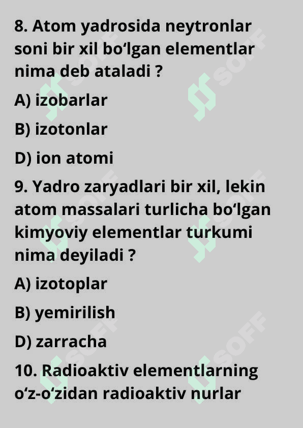 9-sinf | Kimyo fanidan | Test savollari | Atom radiusi mavzusi boʻyicha tuzilgan 4