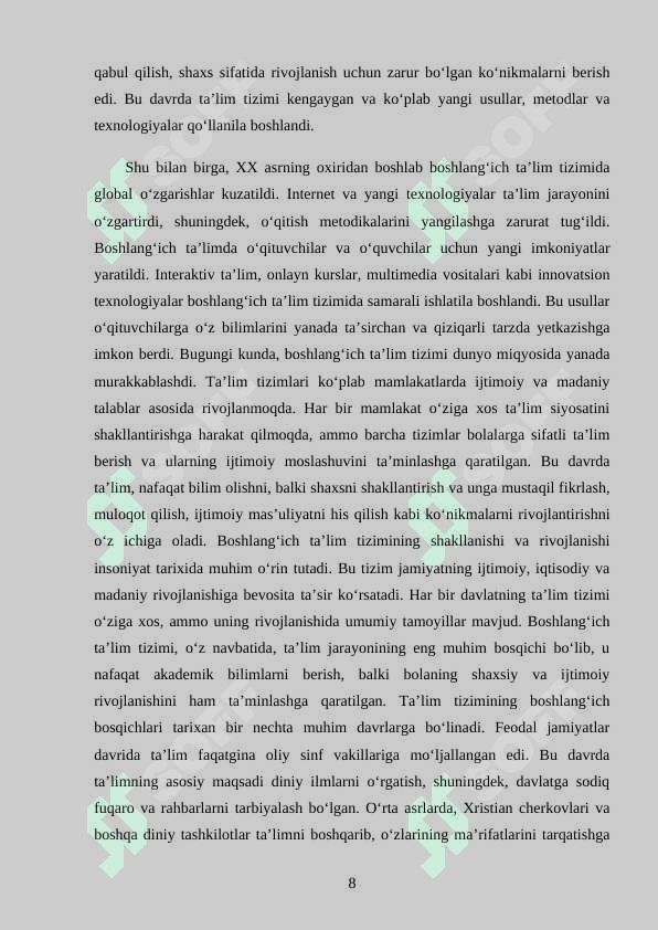 MUSTAQIL O‘ZBEKISTON RESPUBLIKASINING BOSHLANG‘ICH TA’LIM TIZIMINING TARIXI VA RIVOJLANISHI 8