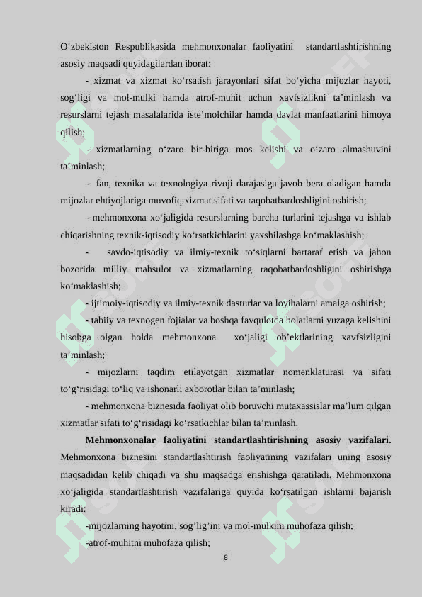 Mehmonxonalar faoliyatini standartlashtirish 8