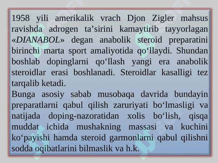 Sportda ishlatiladigan doping va unga qarshi kurash. 6