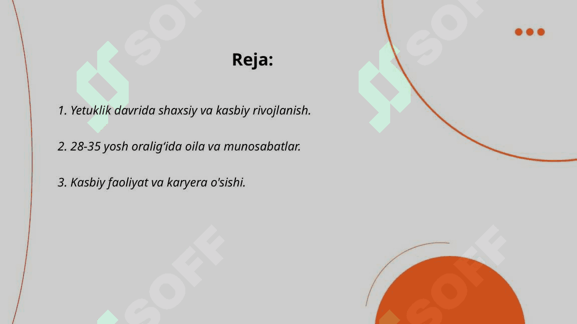 Yetuklik davrining birinchi pogʻonasi 28-35 yosh oraligʻi 2