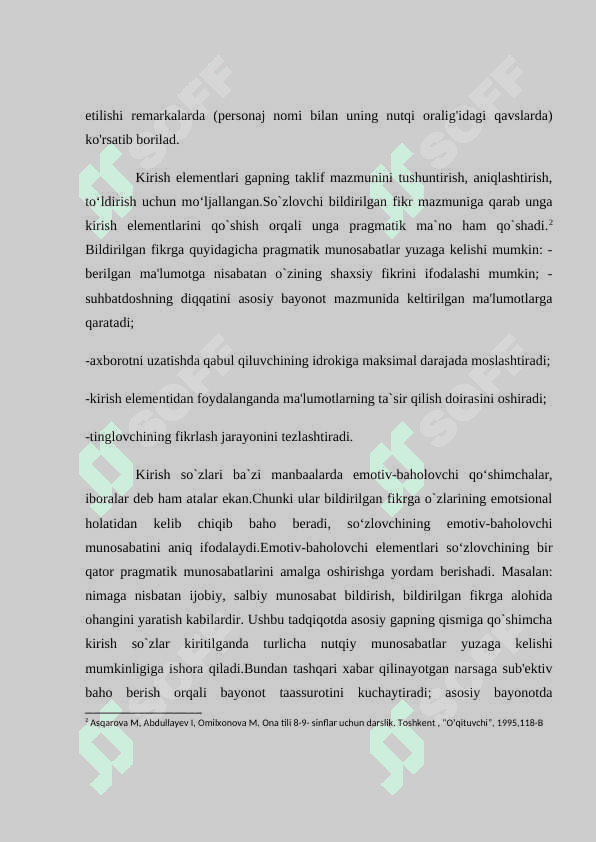 Hozirgi oʻzbek tilida kirish soʻz va kiritmali qurilmalarning leksik va grammatik xususiyatlari 7