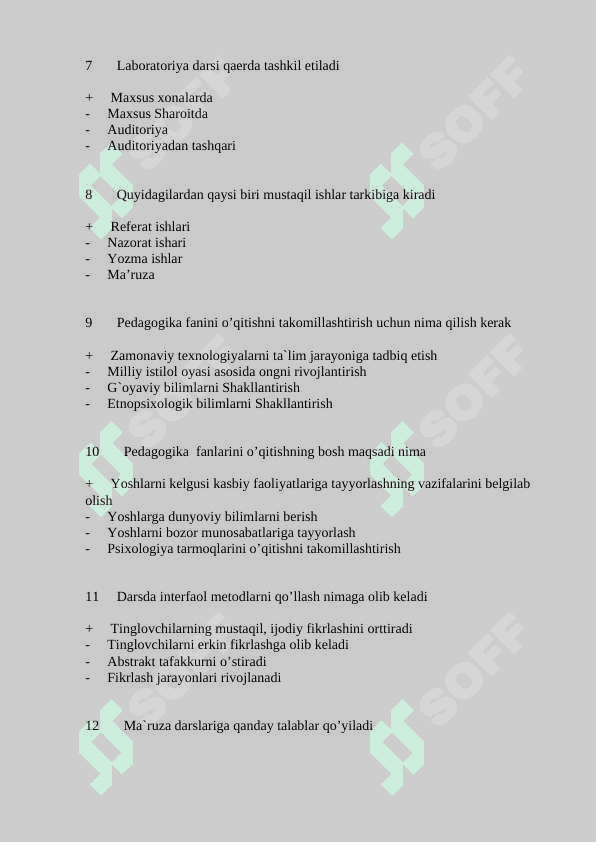 Pedagogika psixologiya fanlarini o’qitish metodikasi fanidan test savollari javoblari bilan 2