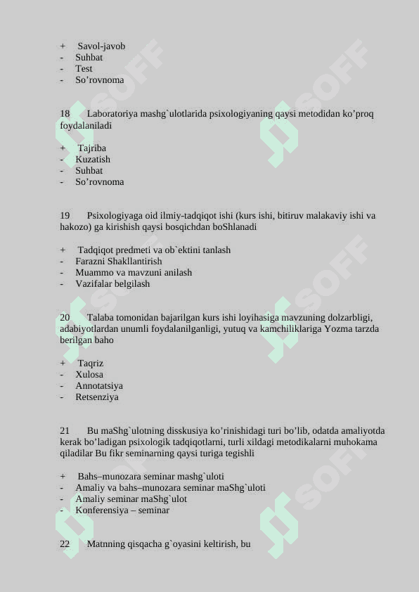 Pedagogika psixologiya fanlarini o’qitish metodikasi fanidan test savollari javoblari bilan 4