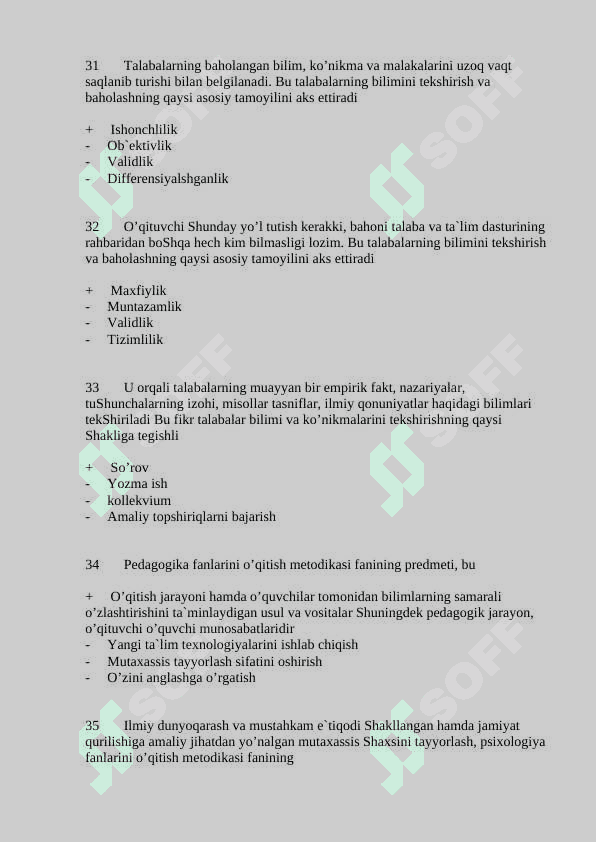 Pedagogika psixologiya fanlarini o’qitish metodikasi fanidan test savollari javoblari bilan 7