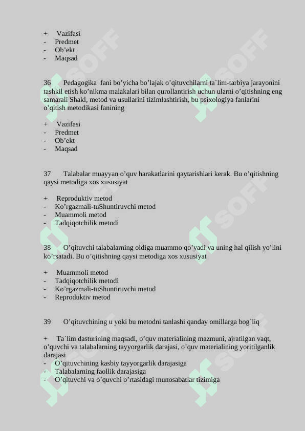 Pedagogika psixologiya fanlarini o’qitish metodikasi fanidan test savollari javoblari bilan 8