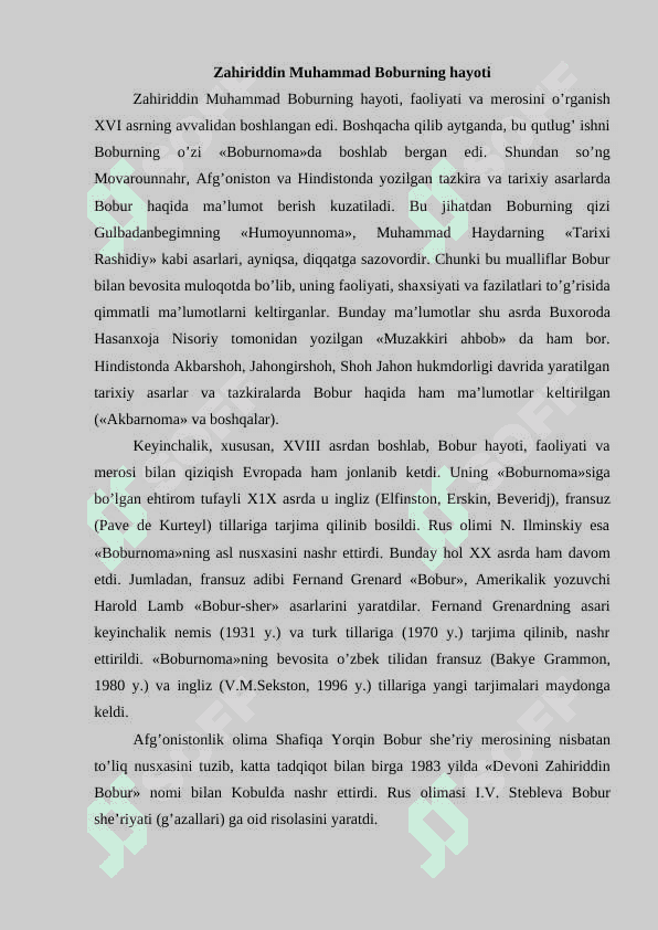 Zahiriddin Muhammad Boburning hayoti va ijodi, uning  asarlari va adabiy  me'rosi 3
