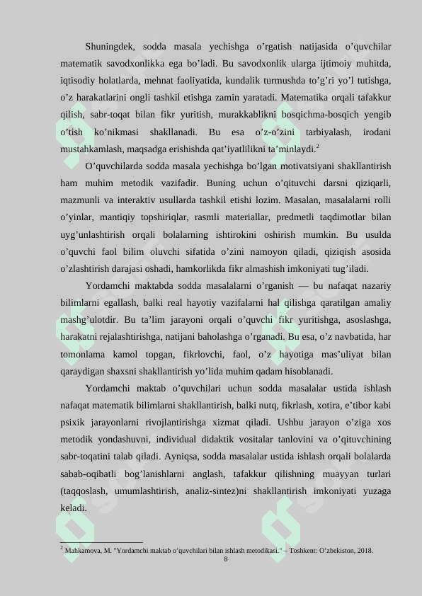 Yordamchi maktabda sodda masala yechishga o’rgatish metodikasi 8