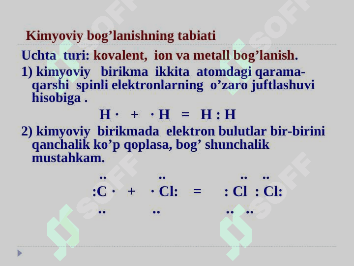 Kimyoviy bog’lanish va molekula tuzilishi. Valent bog‘lanishlar usuli. Molekular orbitallar (MO)usuli 3