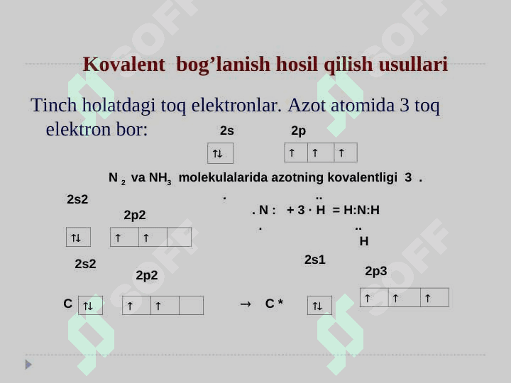 Kimyoviy bog’lanish va molekula tuzilishi. Valent bog‘lanishlar usuli. Molekular orbitallar (MO)usuli 7