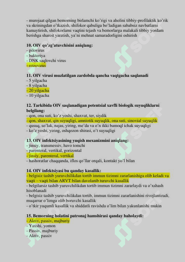 Hamshiralik ishi (patronaj hamshiralari) mutaxassisligi bo’yicha shakllantirilgan test savollari ro’yxati 3