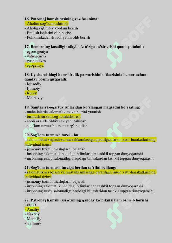 Hamshiralik ishi (patronaj hamshiralari) mutaxassisligi bo’yicha shakllantirilgan test savollari ro’yxati 4