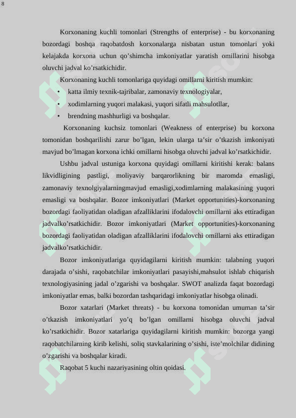 Maykl porter uslubiyatiga ko’ra o’zbekistonning raqobat ustunligi. 8