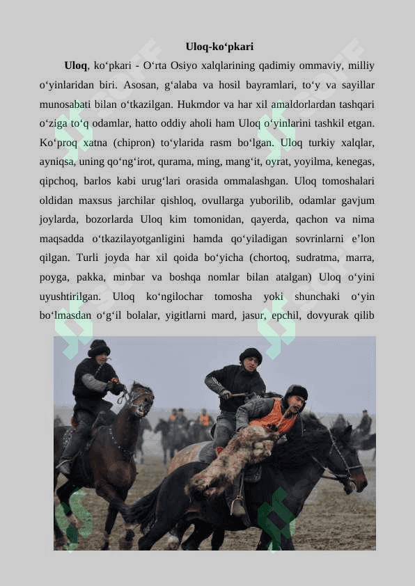 Uloq Ko’pkari milliy sport o’yinining rivojlanish tarixi 2