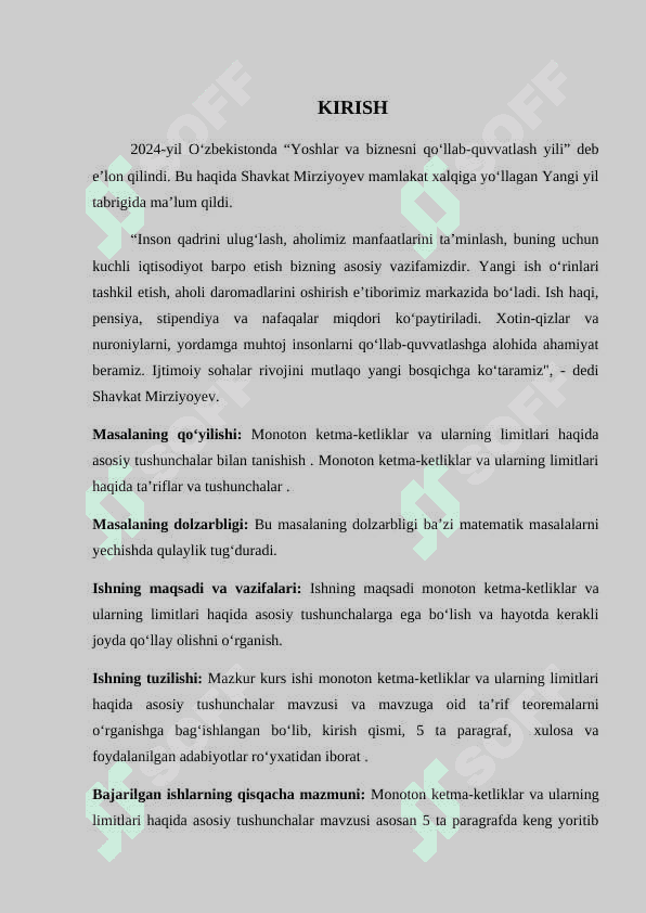 Monoton ketma ketlik va uning limitlari, tatbiqlari  kurs ishi 2