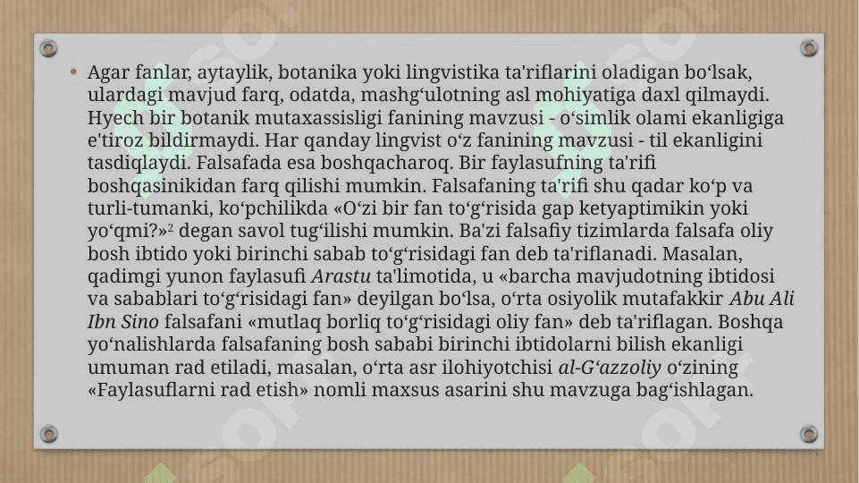 Falsafiy dunyoqarashni o‘z-o‘zini anglashdagi roli. 2.  Insonning ma’naviy kamolotida falsafiy dunyoqarashning roli. 3.  Bilim inson ma’naviy kamoloti omili 3