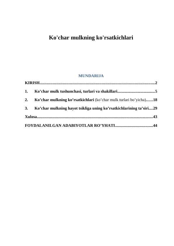 Ko'char mulkning ko'rsatkichlari